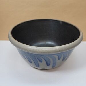 Vtg Rowe Pottery Works 1993 Salt Glazed 11" Bowl Cobalt Blue Grey Falling Leaf